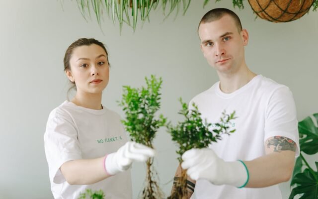 Mężczyzna w białym t-shircie trzymający zieloną roślinę